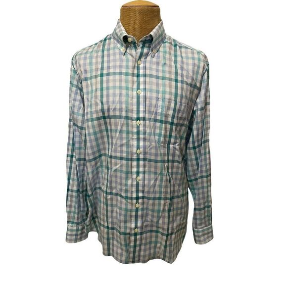 GITMAN BROS Men's Dress Shirt‎ White Gray Teal Plaid Cotton Size XL Made in USA - Picture 2 of 7